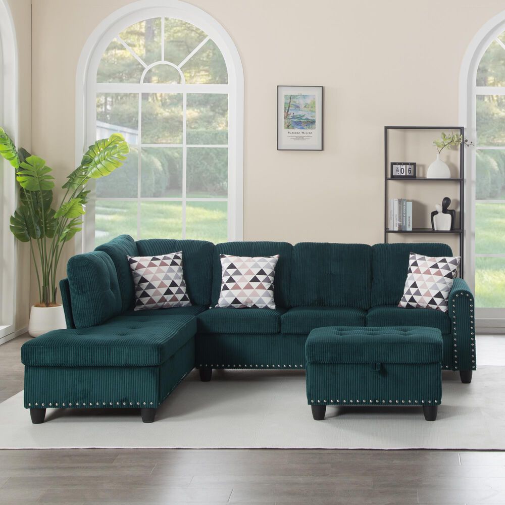 HOMLUX 94.49" L-Shaped Modular Sectional Sofa with Storage Ottoman and Cup Holders in Green, , large