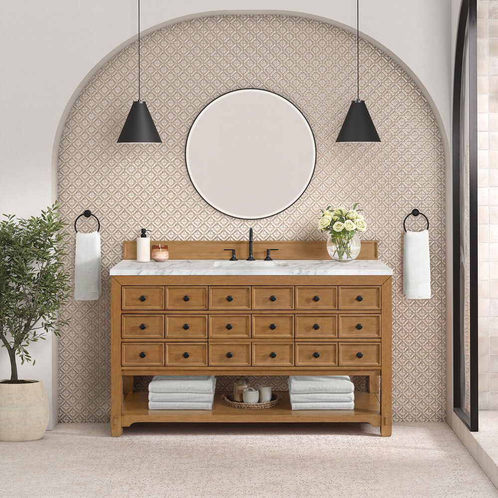 James Martin Malibu 60&quot; Single Bathroom Vanity in Amber Birch with 3 cm Carrara White Marble Top and Rectangular Sink, , large