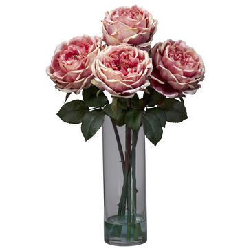 Nearly Natural Inc Fancy Rose with Cylinder Vase Silk Flower Arrangement in Pink, , large