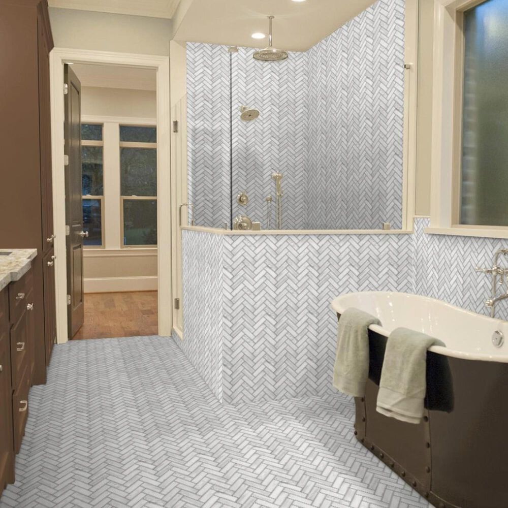 Emser Echo White 11" x 13" Herringbone Glass Mosaic Sheet, , large
