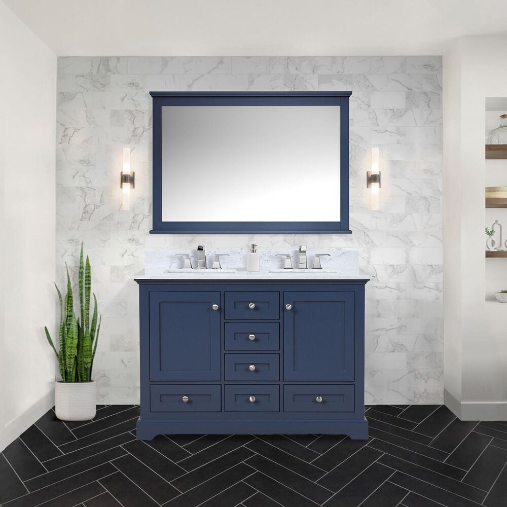 Lexora Home Dukes 48&quot; Double Bathroom Vanity in Navy Blue with 2 cm White Carrara Marble Top and Rectangular Sinks, , large