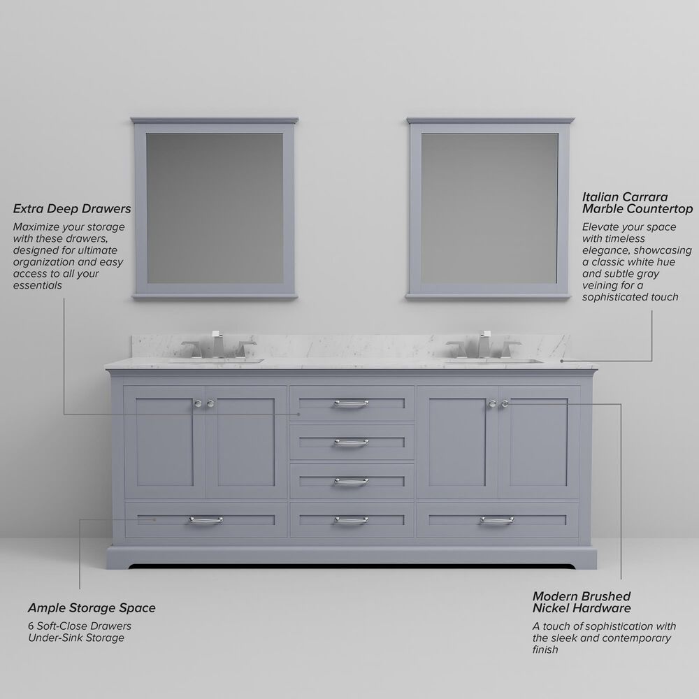 Lexora Home Dukes 80&quot; Double Bathroom Vanity in Dark grey with 2 cm White Carrara Marble Top and Rectangular Sinks, , large