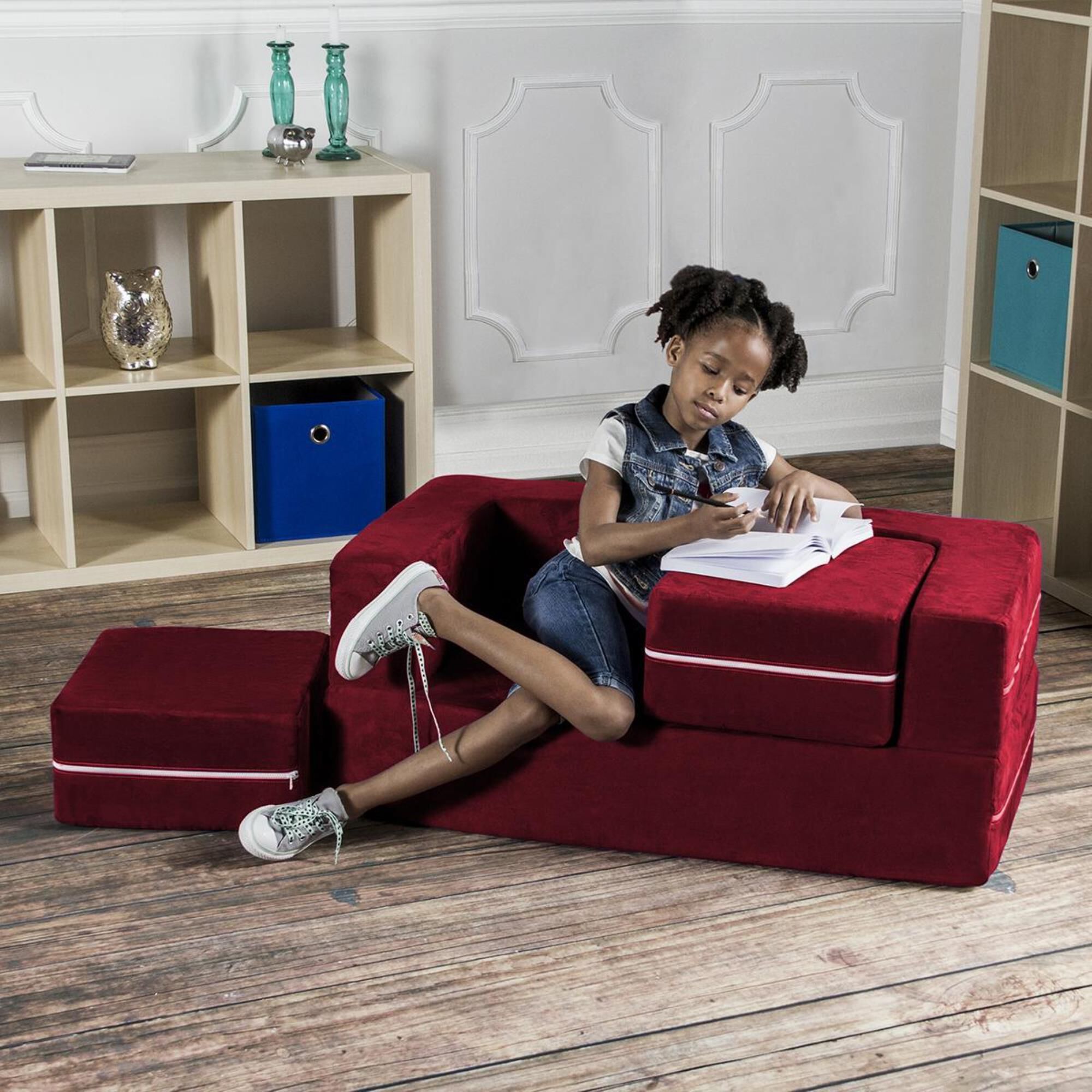 Jaxx Zipline Modular Kids Loveseat & Ottomans in Cherry