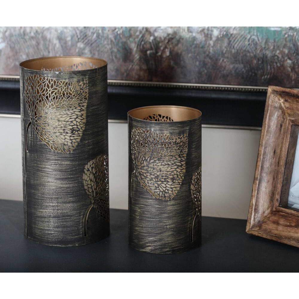 Maple and Jade Leaf Decorative Indoor/Outdoor Candle Lantern in Brushed Copper &#40;Set of 3&#41;, , large