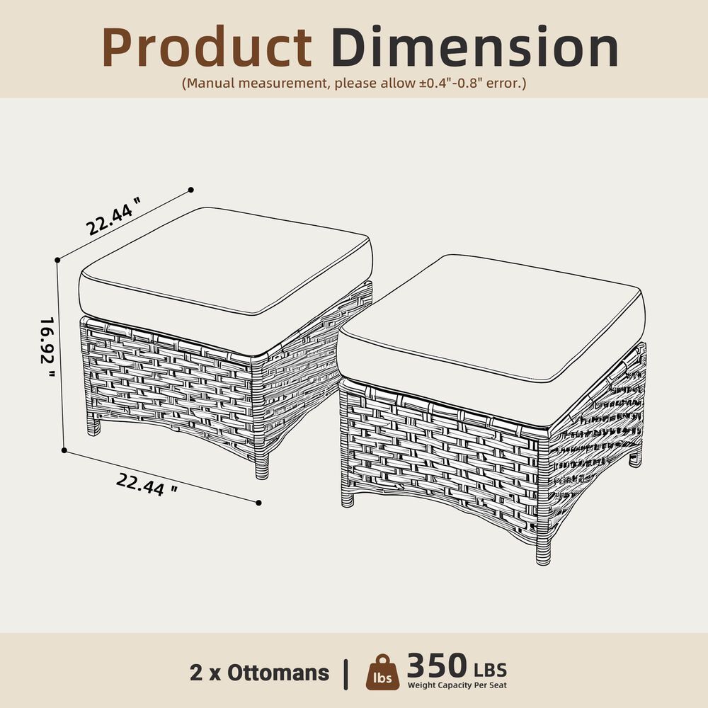 HOMLUX 2-Piece Outdoor Wicker Ottoman Set with Cushion in Coarse Textured Orange, , large