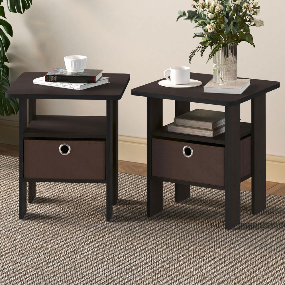HOMLUX 2-Piece 1-Shelf End Table with Bin Drawer in Dark Walnut, , large