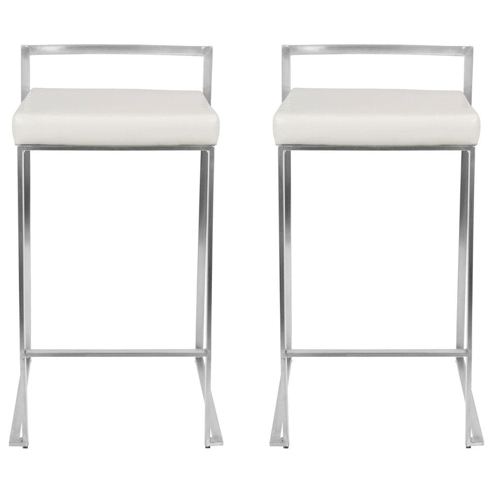 Lumisource Fuji Stackable Counter Stool with White Faux Leather in Brushed Stainless Steel &#40;Set of 2&#41;, , large