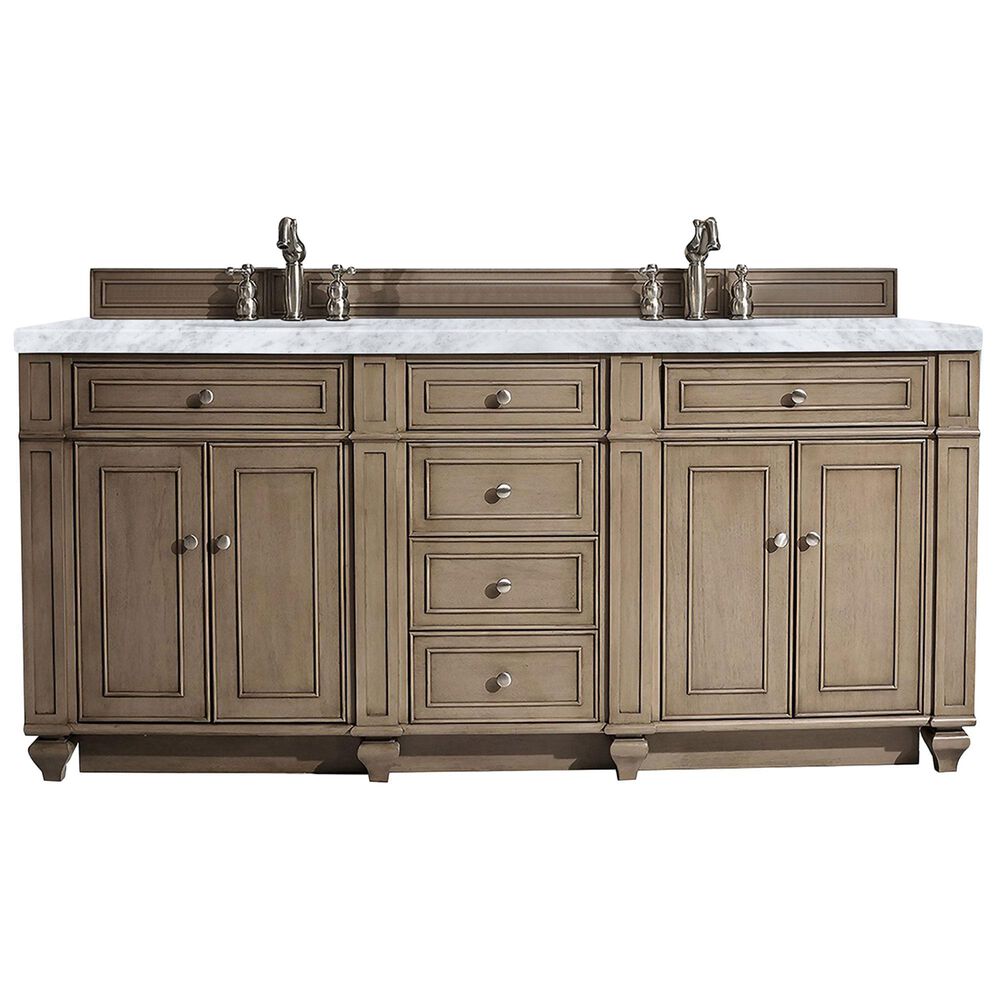 James Martin Vanities Bristol 72" Double Bathroom Vanity in Whitewashed Walnut with 3 cm Carrara White Marble Top and Rectangular Sinks, , large
