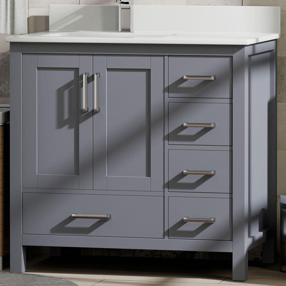 Lexora Home Jacques 36" Left Offset Single Bathroom Vanity in Dark Grey with 2 cm White Quartz Top and Rectangular Sink, , large