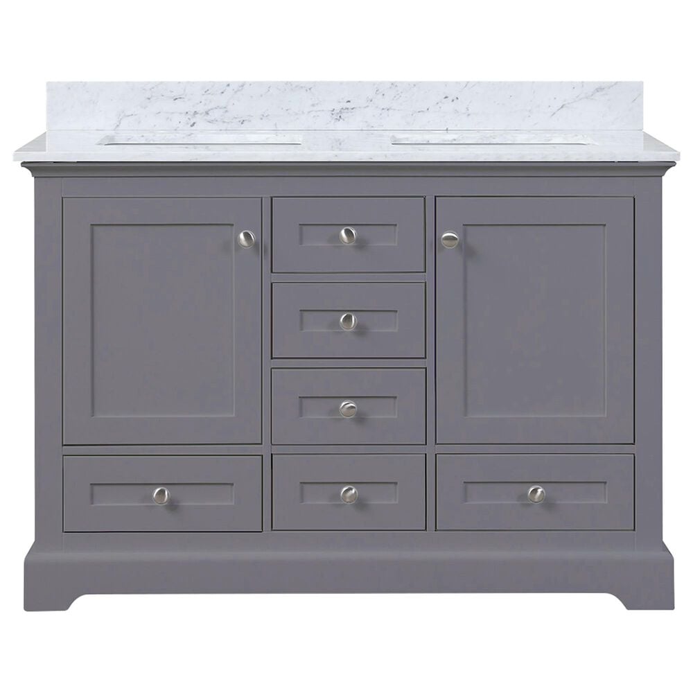 Lexora Home Dukes 48&quot; Double Bathroom Vanity in Dark Grey with 2 cm White Carrara Marble Top and Rectangular Sinks, , large