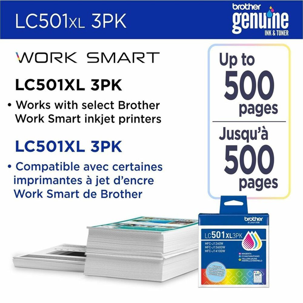 Brother 3-Pack LC501XL3PKS High Yield Ink Cartridges in Cyan, Magenta, and Yellow, , large