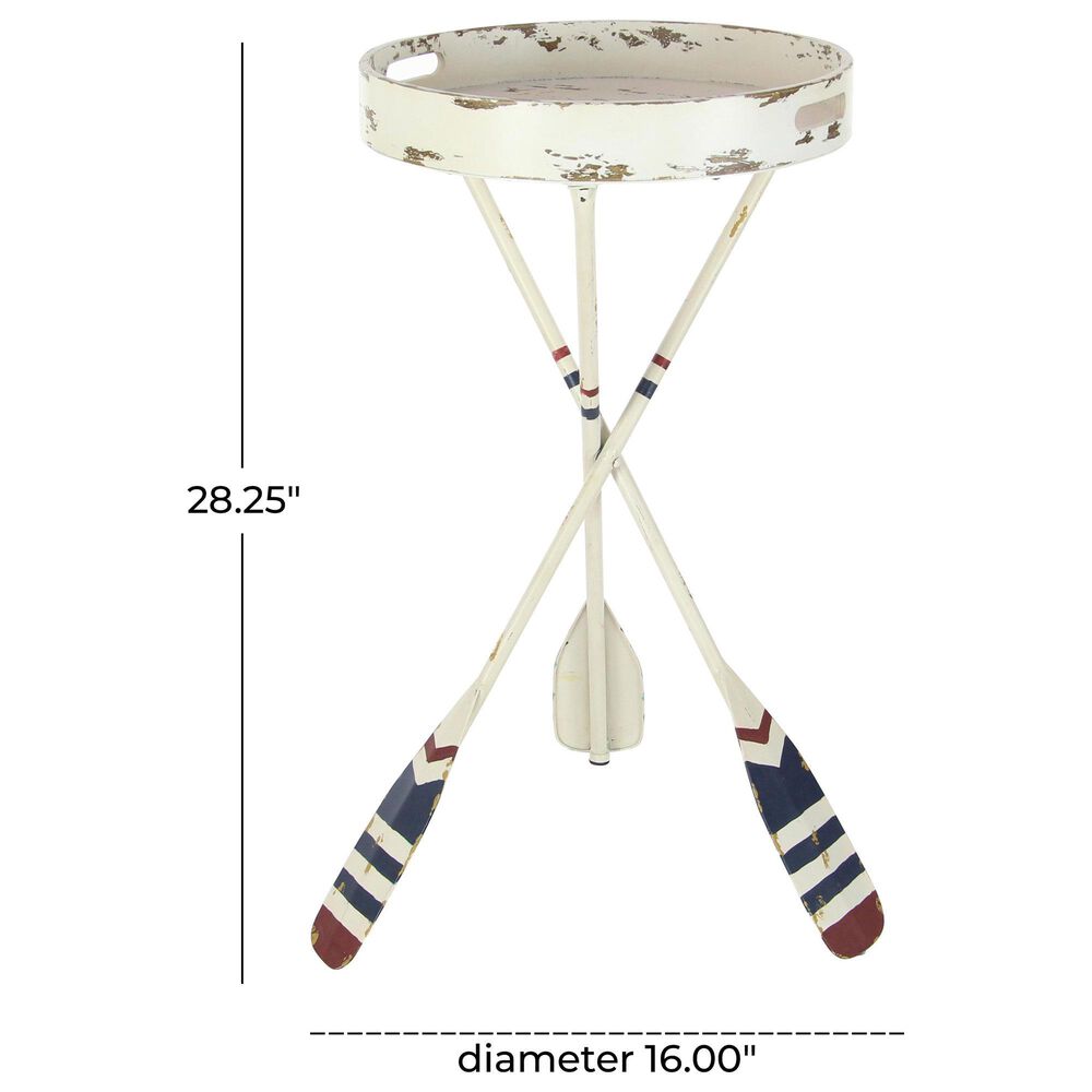 Maple and Jade Striped Paddle Accent End Table in Distressed White, Navy and Red, , large