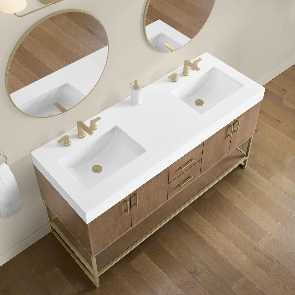 37B Mauri 60" Double Bathroom Vanity with Metal Base in Walnut Drift with High-Profile 4" White Composite Stone Top, , large