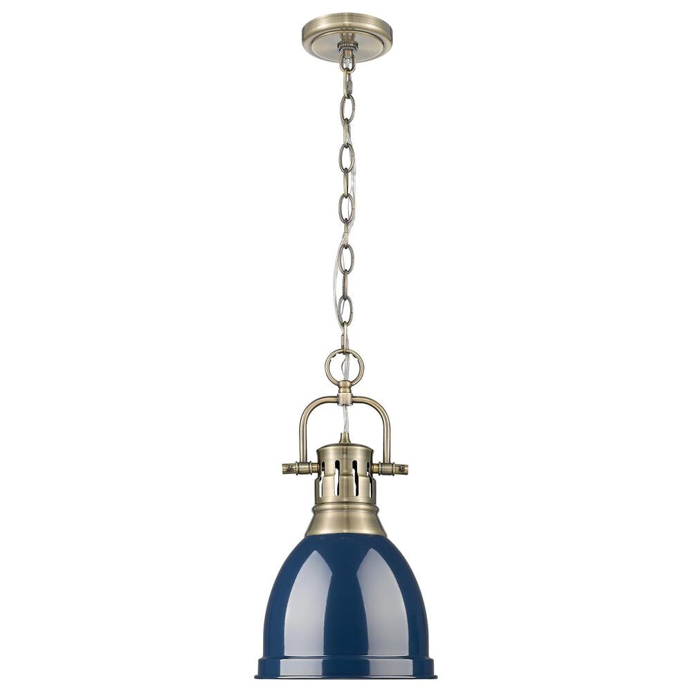 Golden Lighting Duncan 1-Light Small Pendant with Chain and Matte Navy Shade in Aged Brass, , large