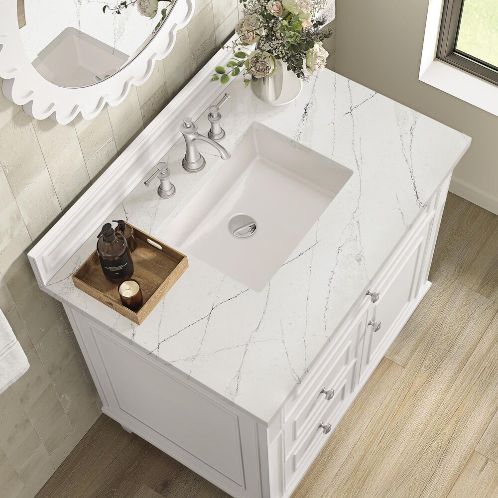 James Martin Vanities Lorelai 36&quot; Single Vanity in Bright White with 3 cm Ethereal Noctis Quartz Top, , large