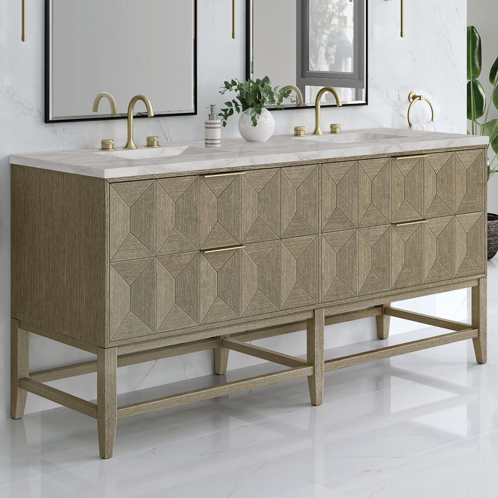 James Martin Vanities Emmeline 72" Double Bathroom Vanity in Pebble Oak with 3 cm Victorian Silver Quartz Top and Rectangular Sinks, , large