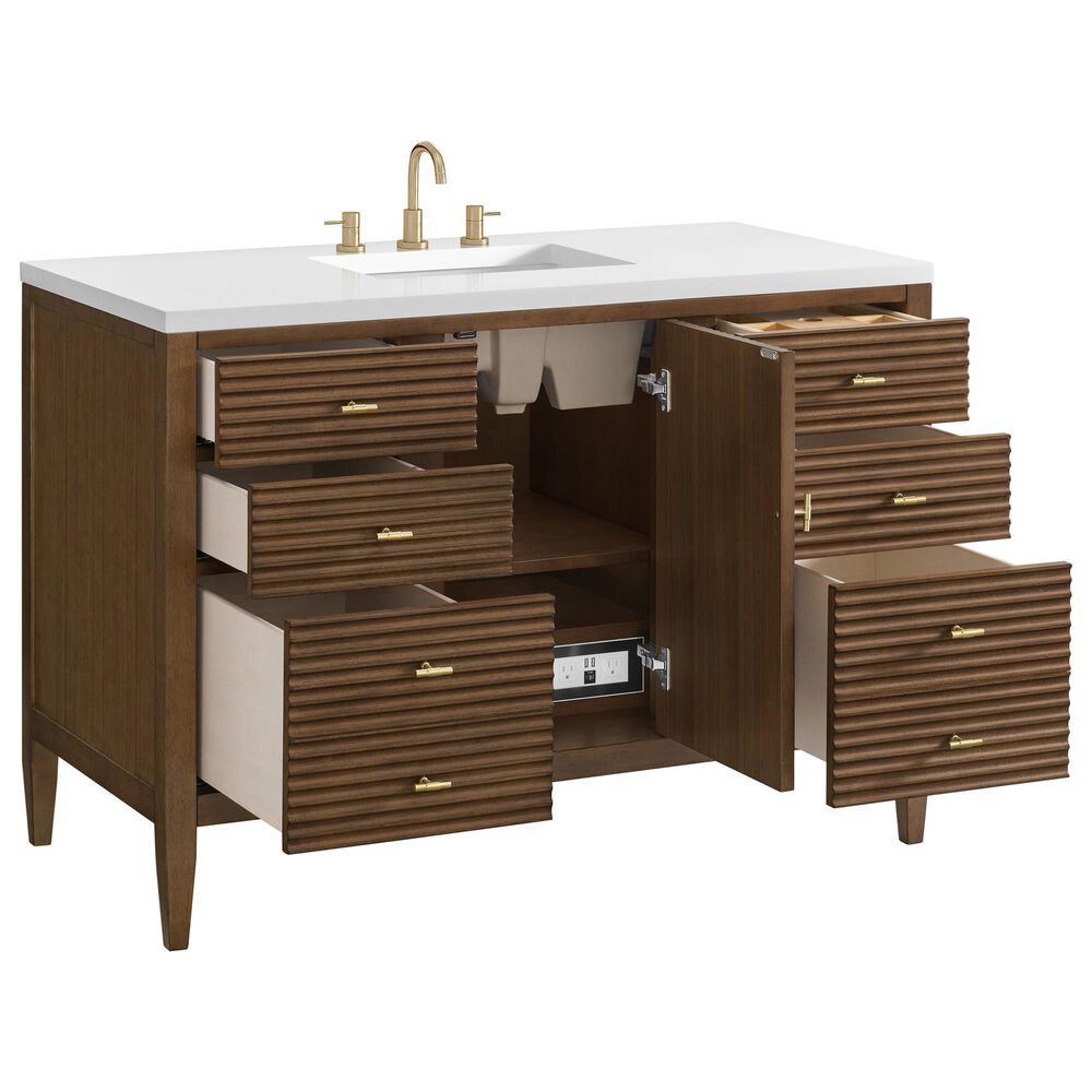 James Martin Vanities Myrrin 48&quot; Vanity in Mid-Century Walnut with 3 cm White Zeus Quartz Top, , large
