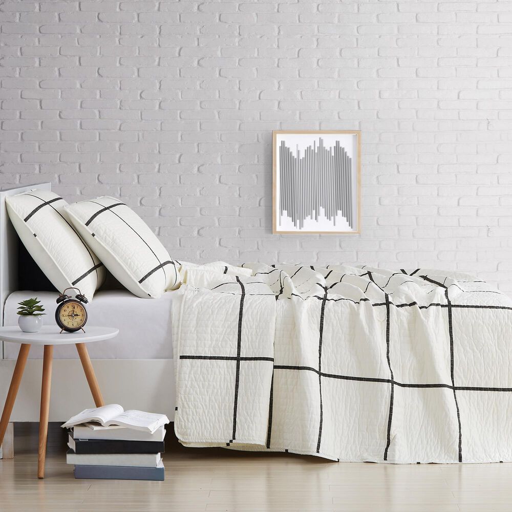 Pem America Truly Soft Windowpane 2-Piece Twin XL Quilt Set in Ivory and Black, , large