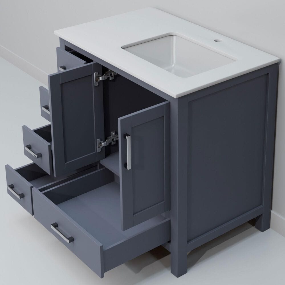 Lexora Home Jacques 36" Right Offset Single Bathroom Vanity in Dark Grey with 2 cm White Quartz Top and Rectangular Sink, , large