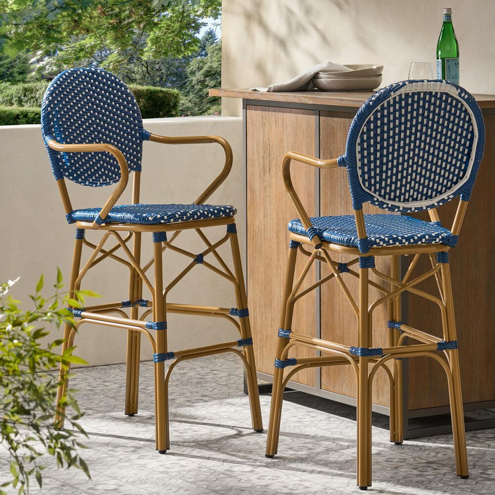 Hearth and Haven Outdoor Wicker Bar Stool with Footrest in Bamboo Print and Navy Blue (Set of 2), , large