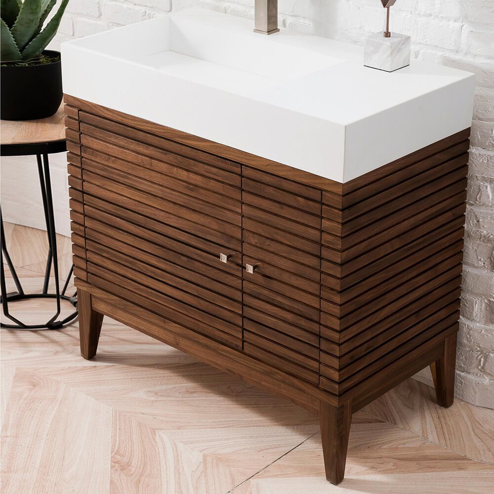 James Martin Vanities Linear 36&quot; Single Bathroom Vanity in Mid Century Walnut with 13 cm Glossy White Solid Surface Top and Rectangular Sink, , large