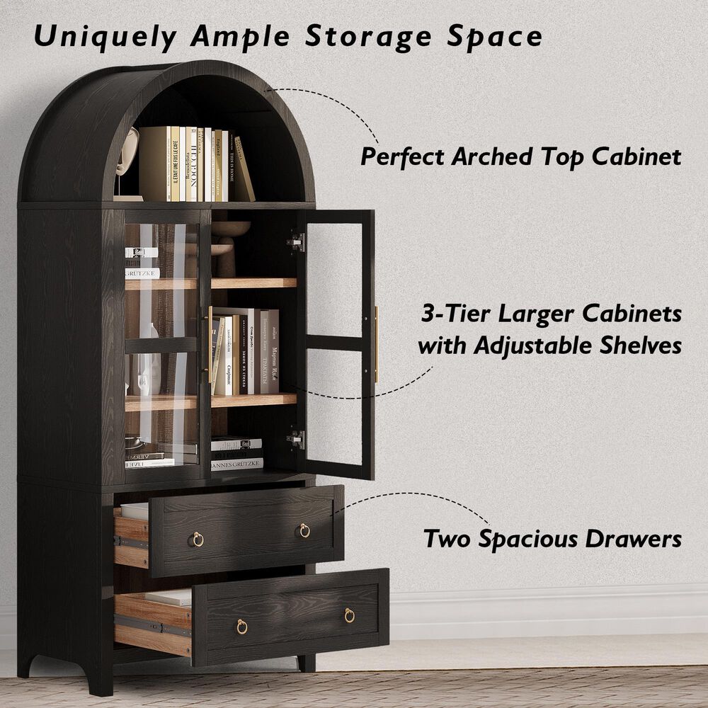 HOMLUX 71" Arched Kitchen Pantry Cabinet in Black, , large