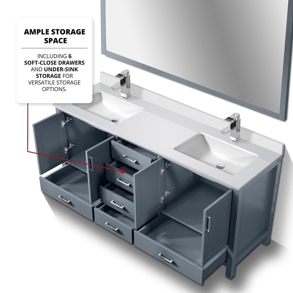 Lexora Home Jacques 72&quot; Double Bathroom Vanity in Dark Grey with 2 cm White Cultured Marble Top and Rectangular Sinks, , large