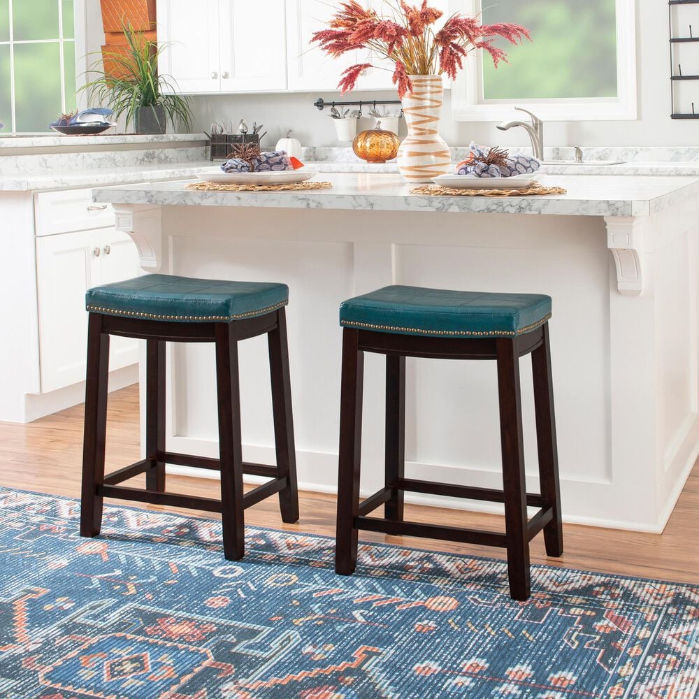 Linon Home Decor Claridge Counter Stool with Blue Cushion in Dark Brown, , large