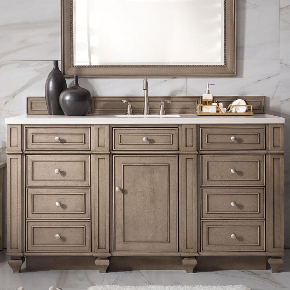 James Martin Vanities Bristol 60" Single Bathroom Vanity in White Washed Walnut with 3 cm White Zeus Quartz Top and Rectangular Sink, , large