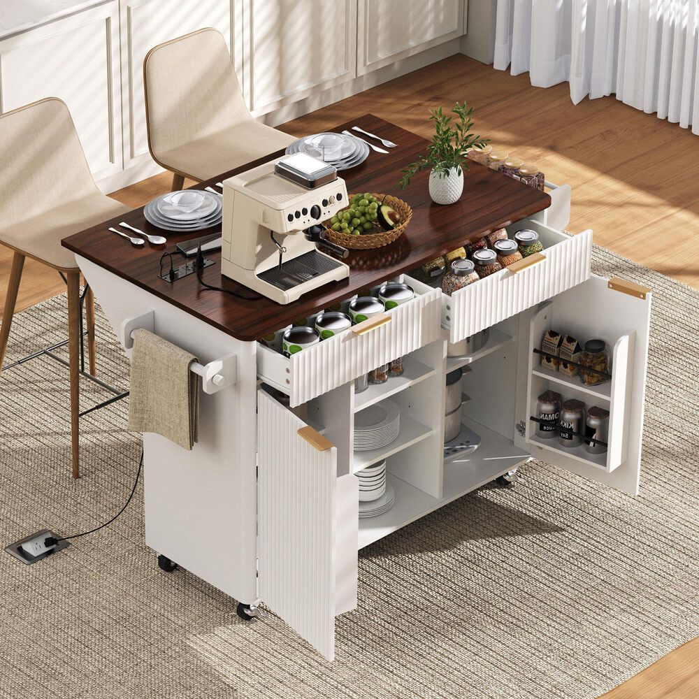 HOMLUX 52" Fluted Kitchen Island with Drop Leaf in White, , large