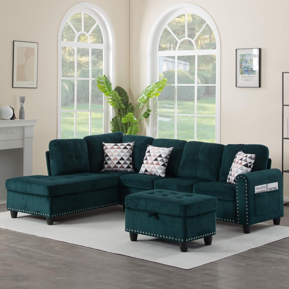 HOMLUX 94.49" L-Shaped Modular Sectional Sofa with Storage Ottoman and Cup Holders in Green, , large