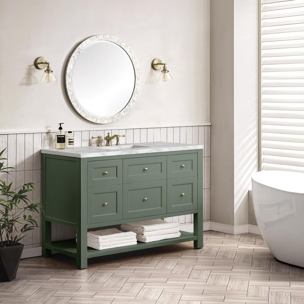 James Martin Vanities Breckenridge 48" Single Bathroom Vanity in Smokey Celadon with 3 cm Eternal Jasmine Pearl Silestone Top, Rectangular Sink and FreePower Wireless Charger, , large