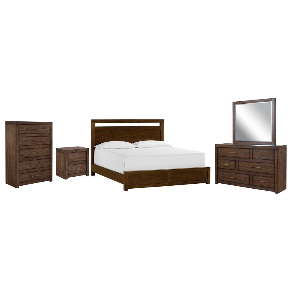 Riva Ridge Modern Loft 5 Piece King Panel Bedroom Set in Brownstone, , large