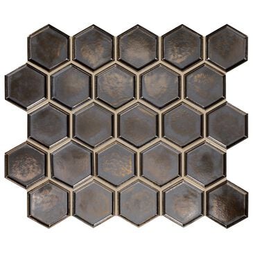 Dal-Tile Artefino Jewel Antiqued Brass 2.5" Framed Hexagon on 12" x 14" Porcelain Mosaic Sheet, , large