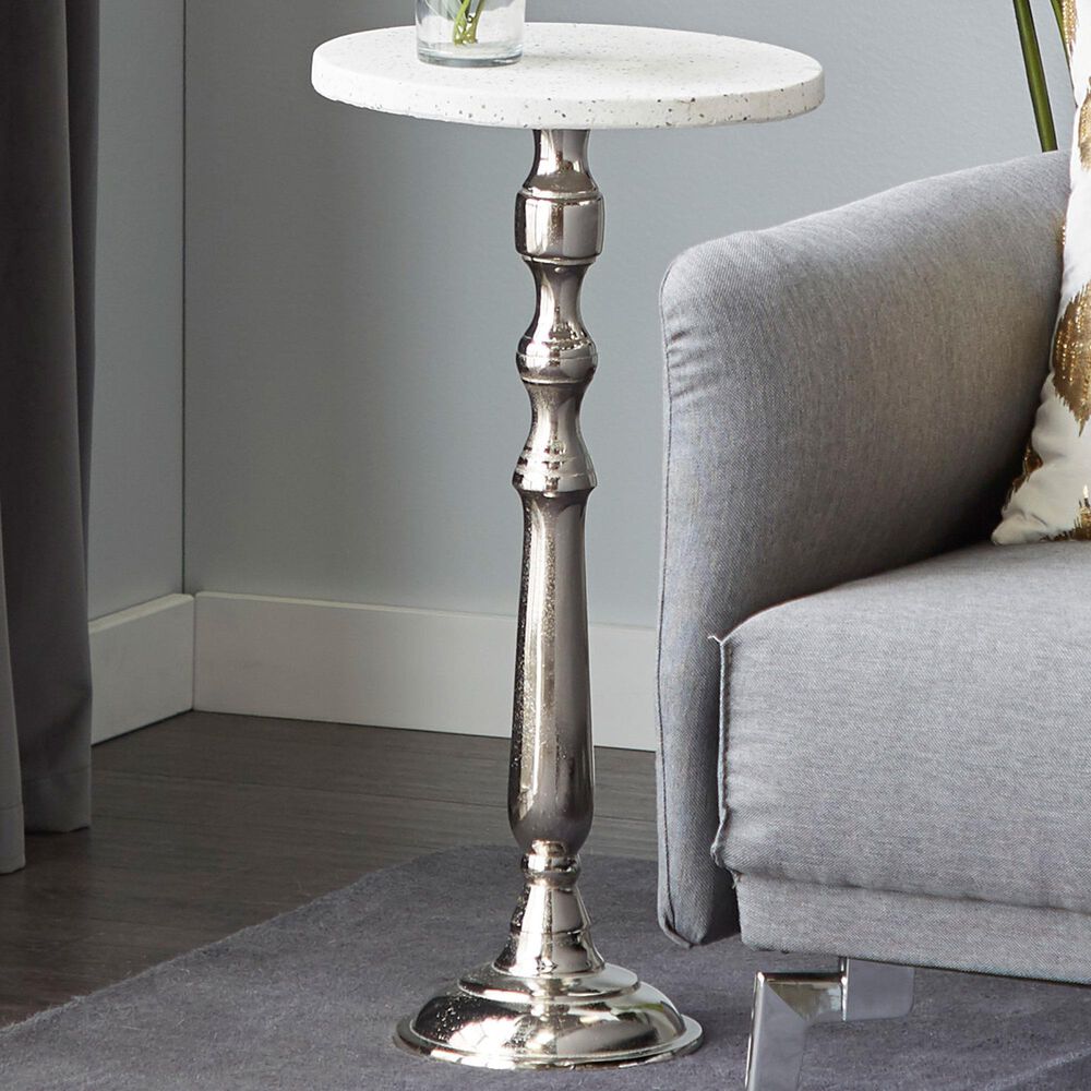 Uma Enterprises Pedestal Accent Table in Silver and White, , large