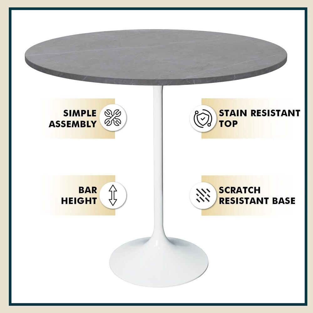 Leisuremod LeisureMod Verve Collection Modern Bar Height Table White Base with 36 Round Marble Grey Sintered Stone Top, , large