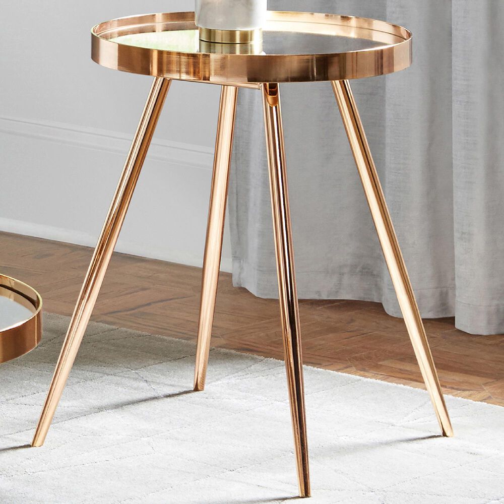 Pacific Landing Sophia Round Mirror Top End Table in Gold NFM