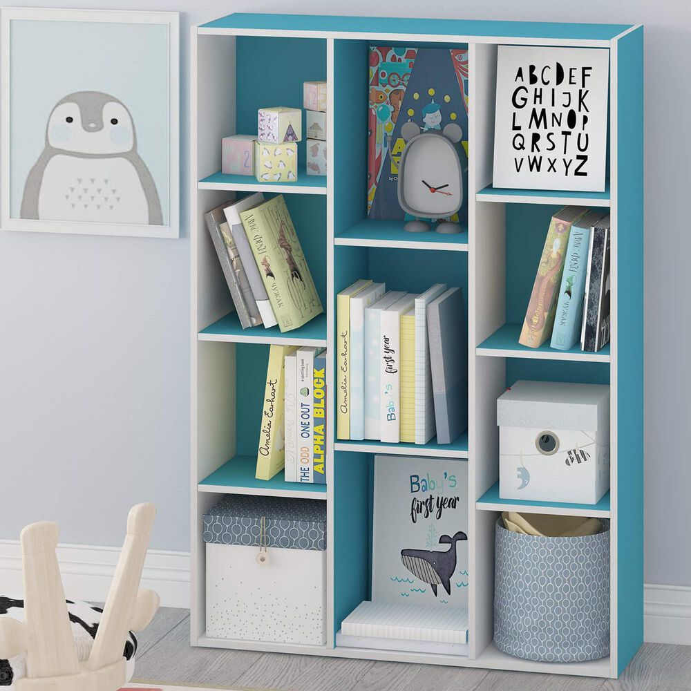 HOMLUX 11-Cube Reversible Open Shelf Bookshelf in Light Blue and White, , large