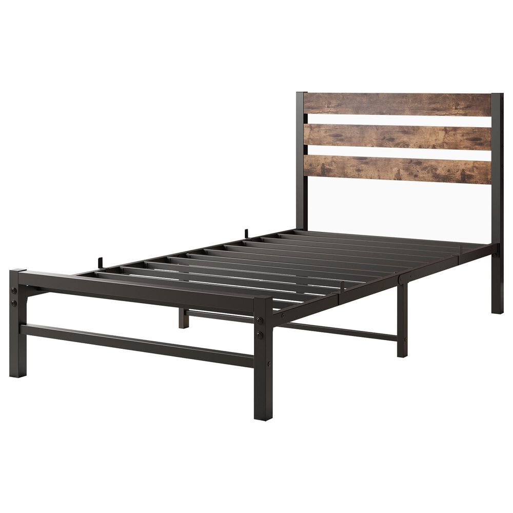 Hearth and Haven Twin Platform Bed with Slat Wood Headboard in Black and Rustic Brown, , large