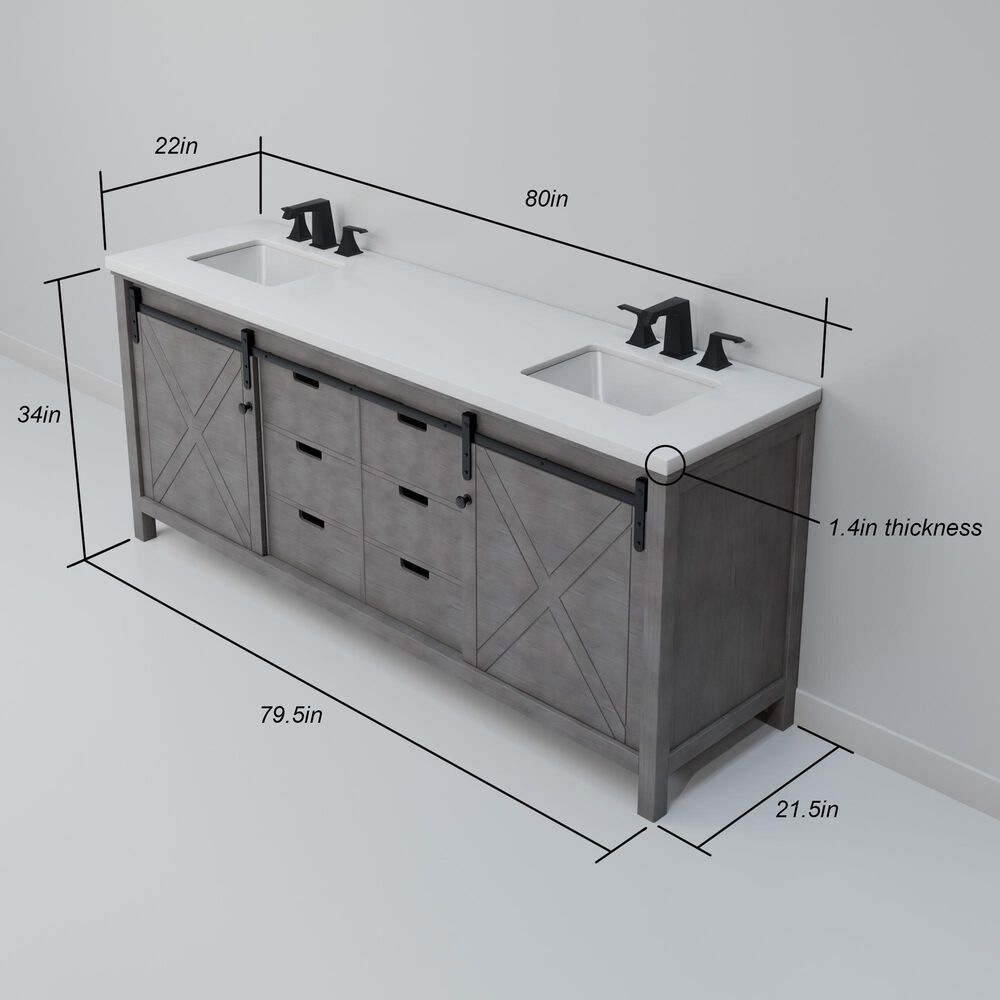 Lexora Home Marsyas 80" Double Bathroom Vanity in Ash Grey with White Quartz Top and Rectangular Sinks, , large