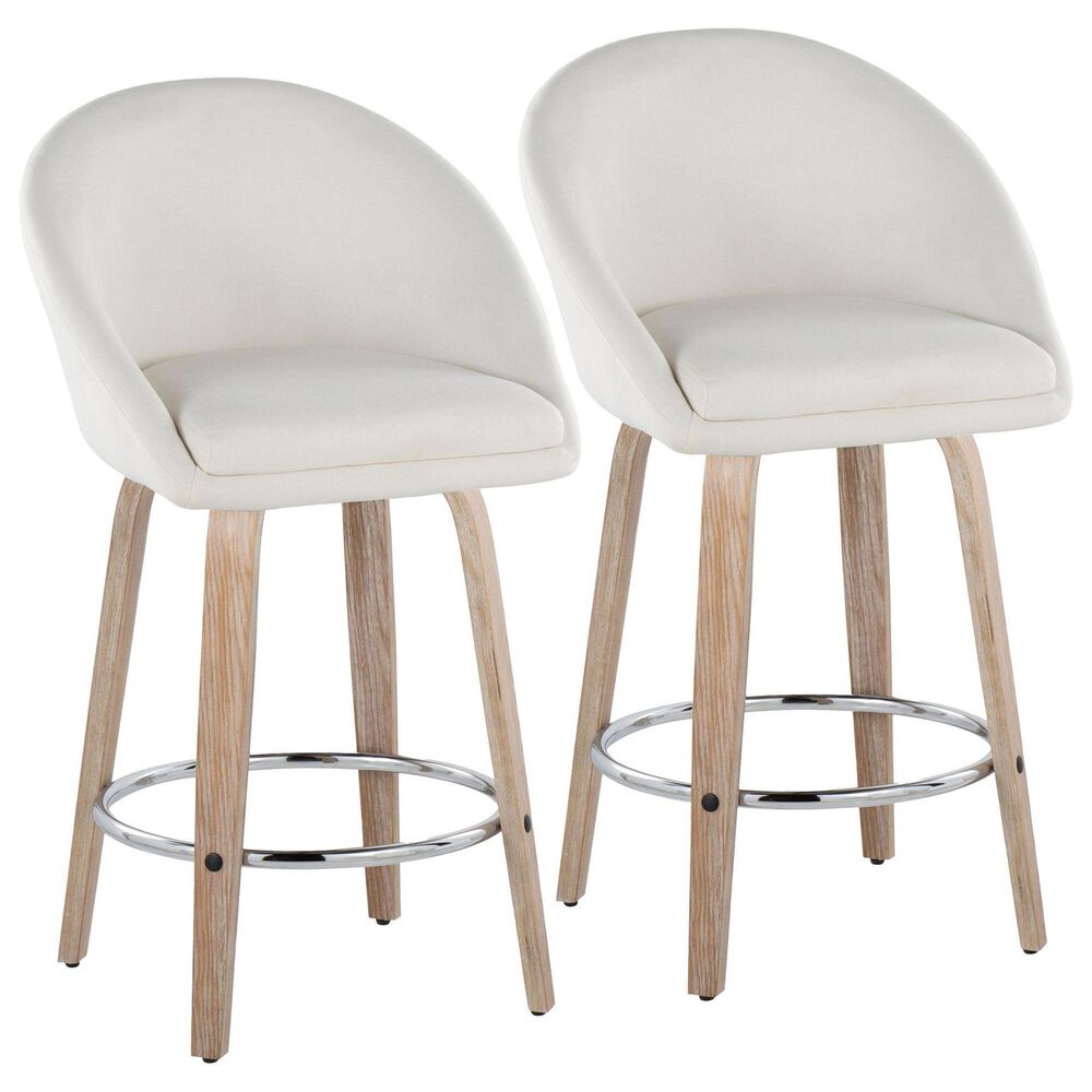 LumiSource Matisse 26" Swivel Counter Stool with Cream Fabric Upholstery in Whitewashed and Chrome (Set of 2), , large