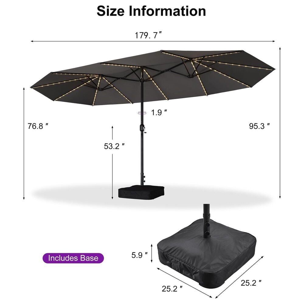 HOMLUX 14' Outdoor Double-Sided Market Umbrella with Base and Solar LED Lights in Grey, , large