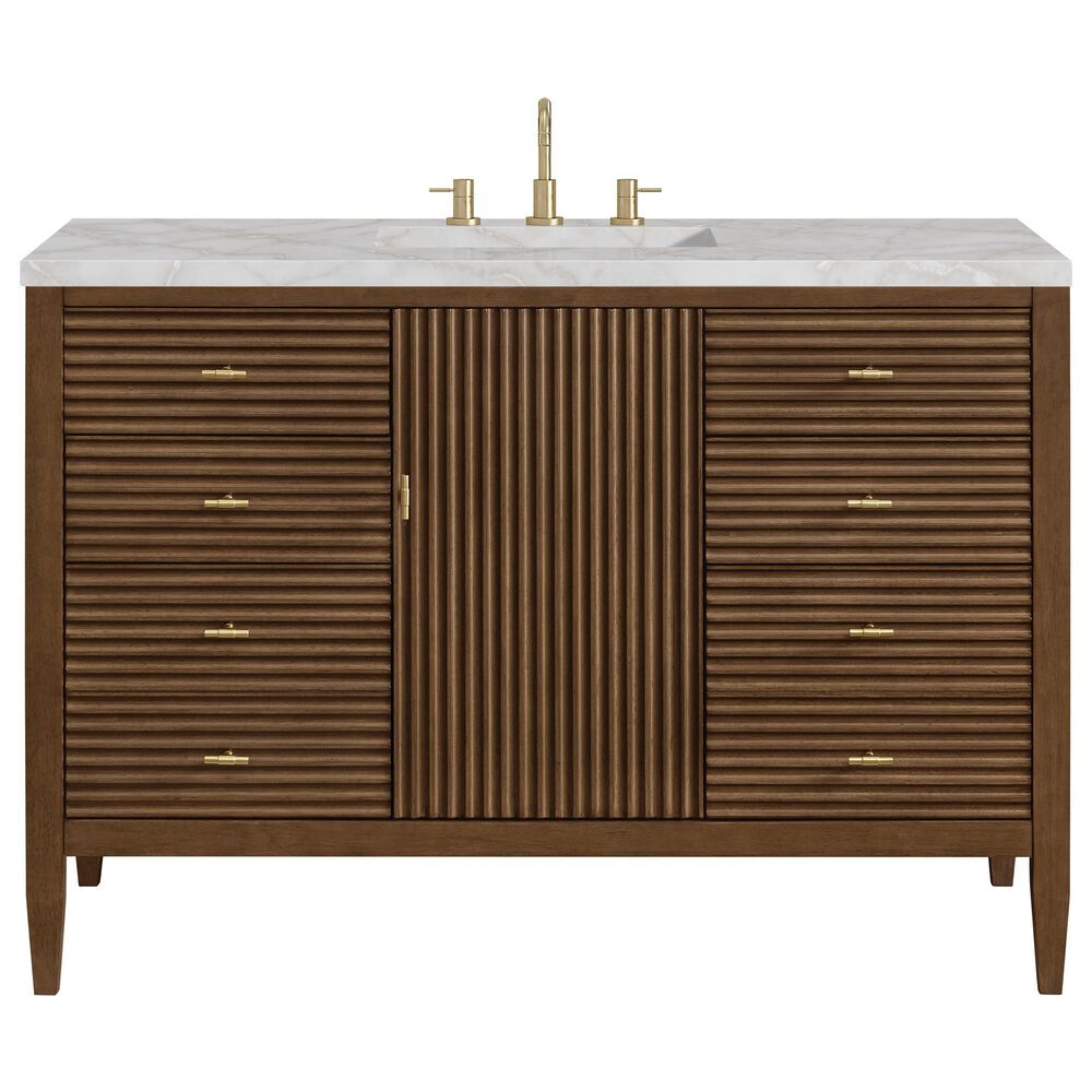 James Martin Vanities Myrrin 48&quot; Vanity in Mid-Century Walnut with 3 cm Victorian Silver Quartz Top, , large