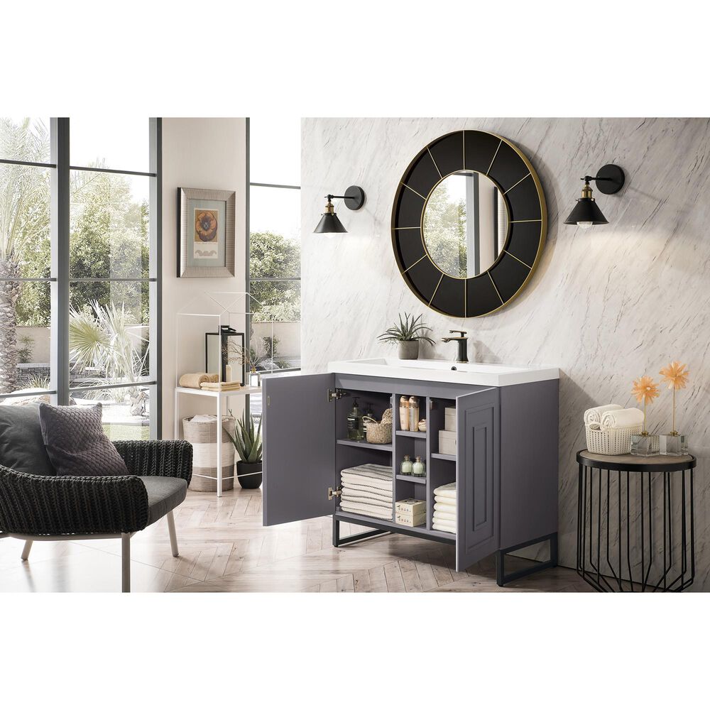 James Martin Vanities Alicante 39.5&quot; Single Bathroom Vanity in Grey Smoke and Matte Black with 5 cm White Glossy Resin Top and Rectangular Sink, , large