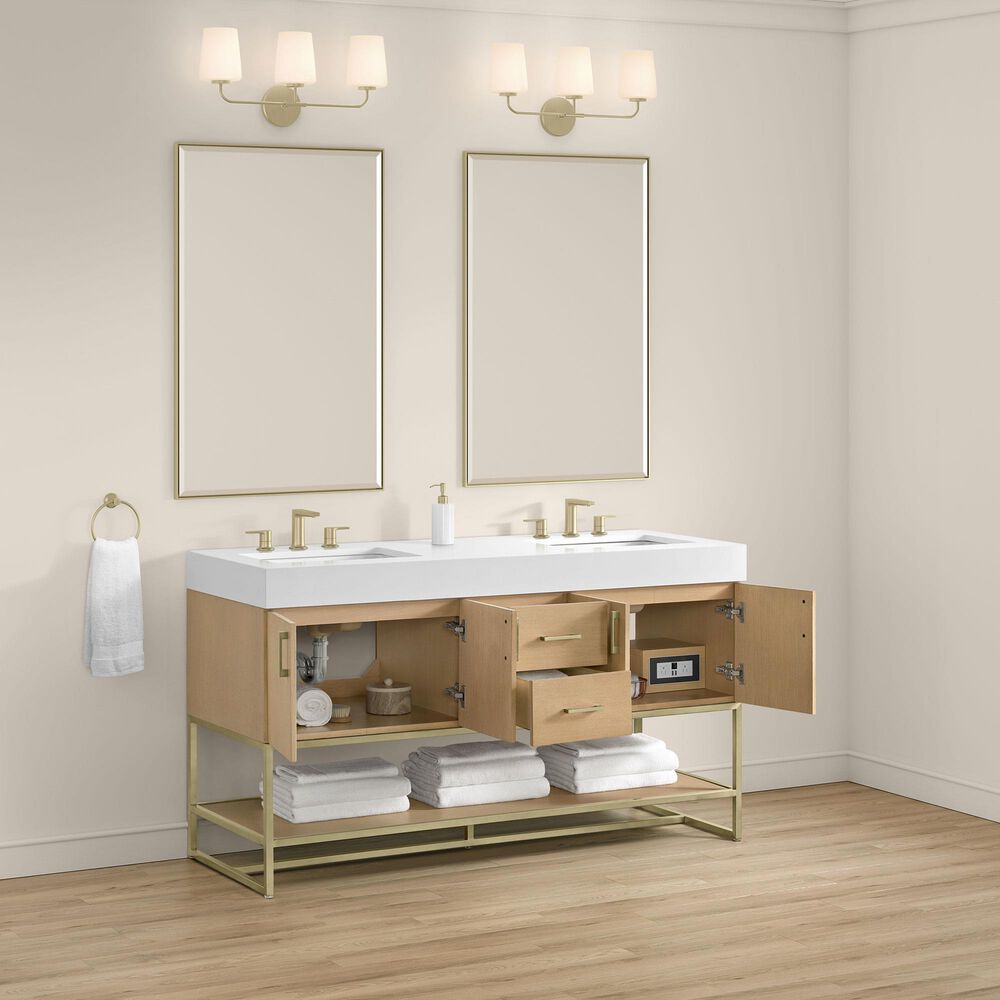 37B Mauri 60" Double Bathroom Vanity with Metal Base in Warm Oak with High-Profile 4" White Composite Stone Top, , large