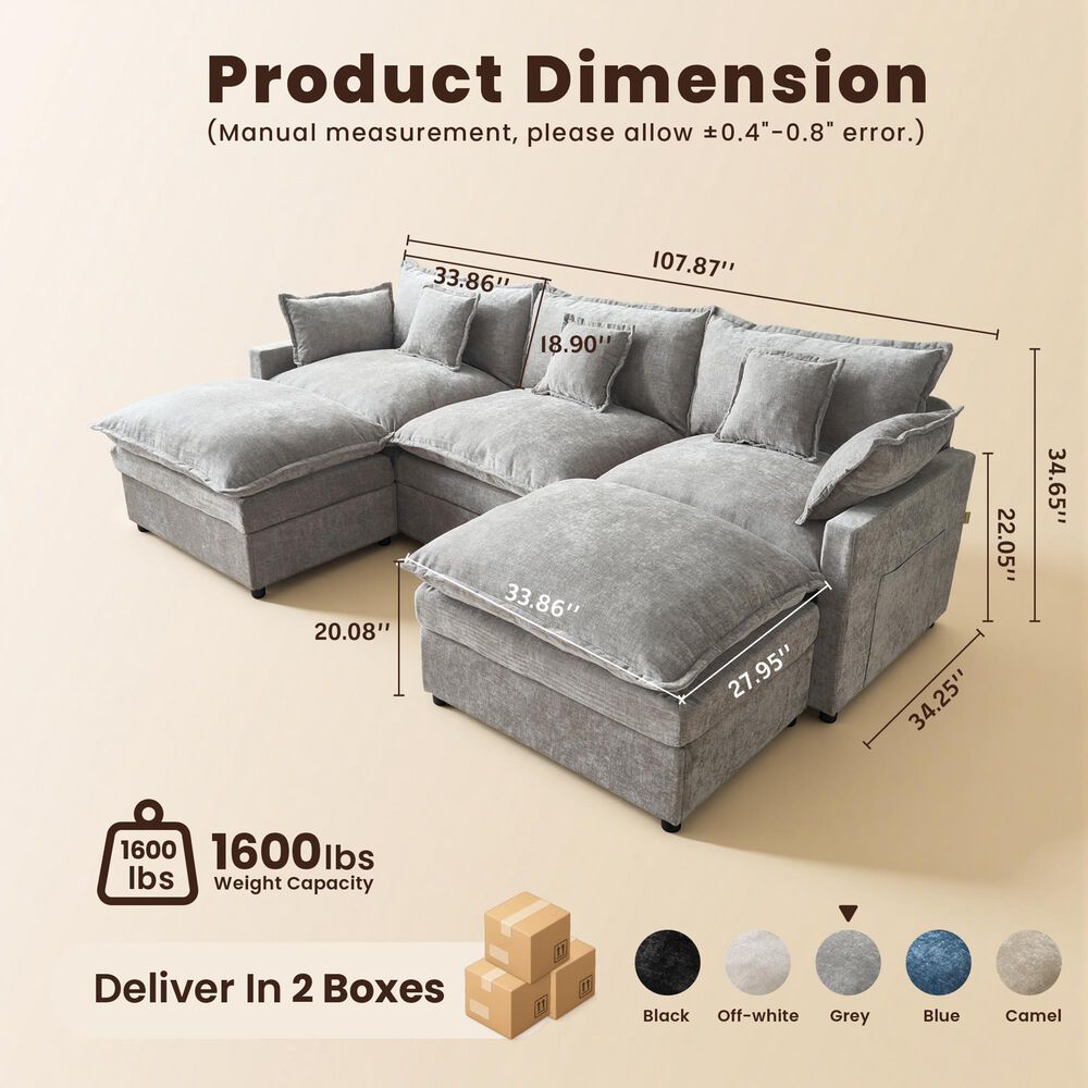 HOMLUX 107.87" Ultra-Comfort Chenille Sectional Sofa in Dark Gray, , large