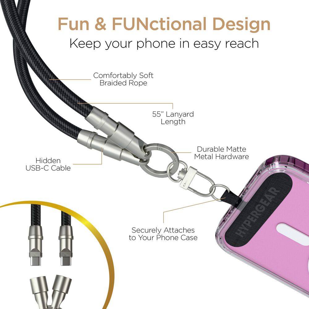 Hypercel 2-in-1 Universal Crossbody Phone Strap and Charging Cable in Black, , large