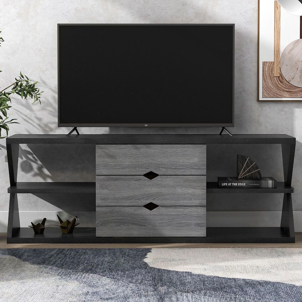 Furniture of America Finn 60&quot; TV Stand in Black and Distressed Gray, , large