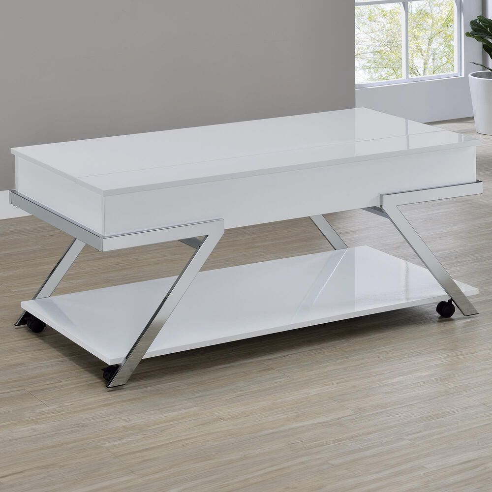 Steve Silver Furniture Zena Lift-Top Cocktail Table with Casters in White and Chrome, , large