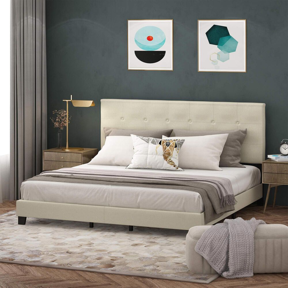HOMLUX Laval King Upholstered Platform Bed Frame in Linen, , large